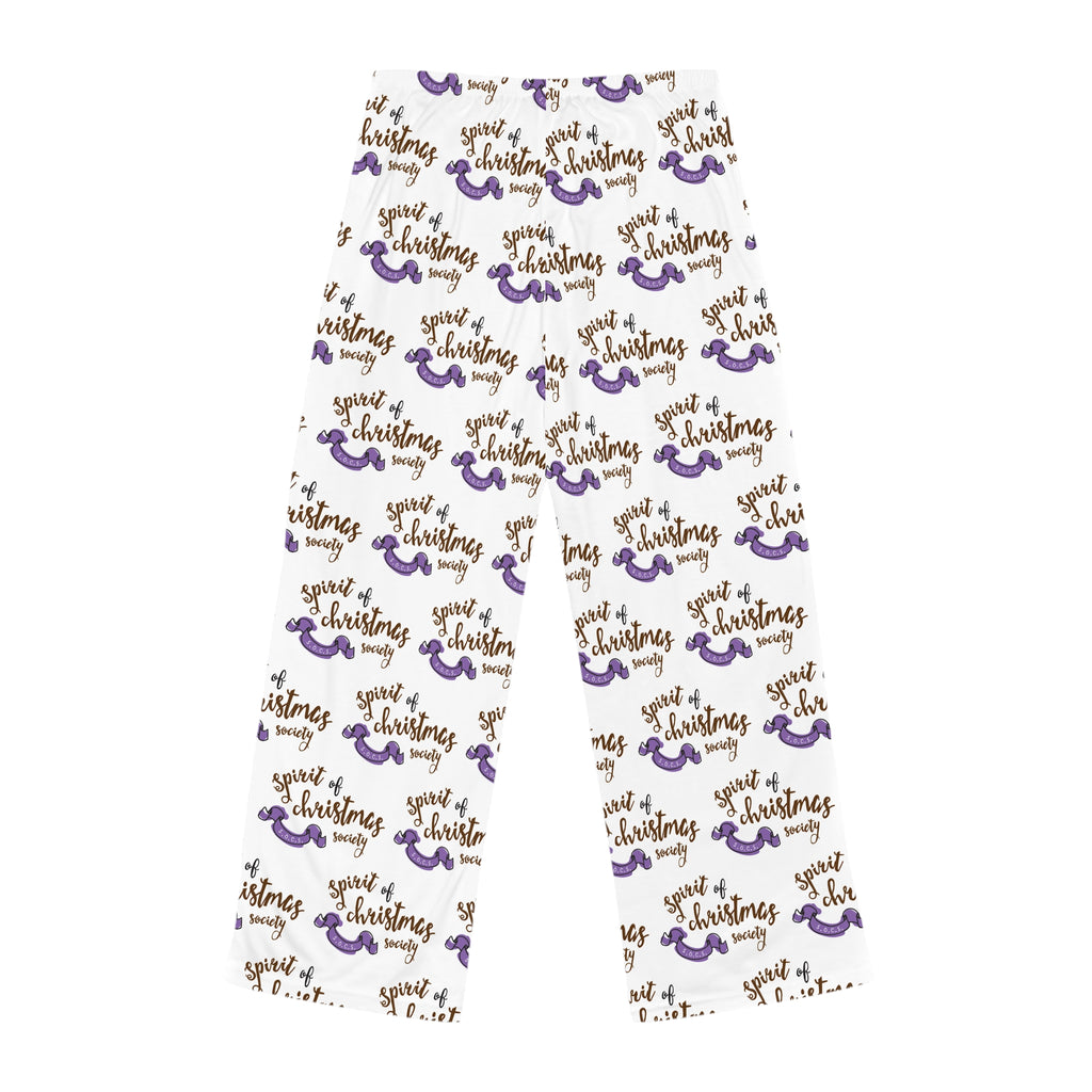 Women's Christmas Spirit Pajama Pants — Festive Script & Purple Ornament Print