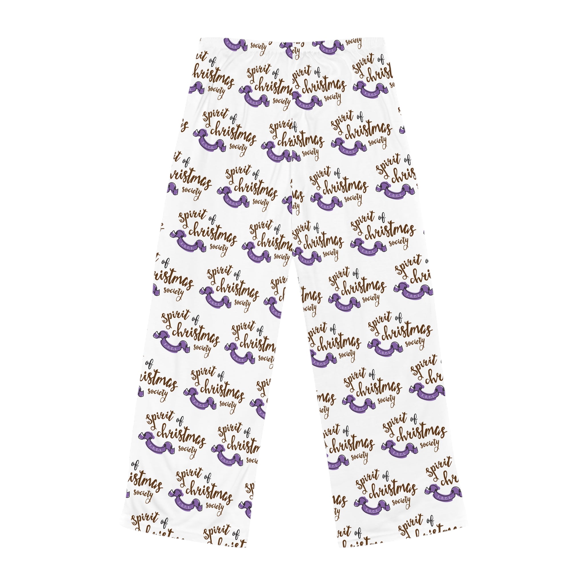 Women's Christmas Spirit Pajama Pants — Festive Script & Purple Ornament Print
