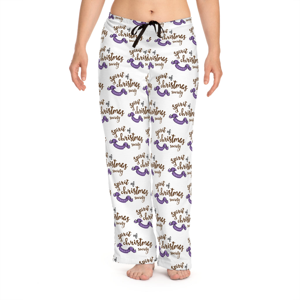 Women's Christmas Spirit Pajama Pants — Festive Script & Purple Ornament Print