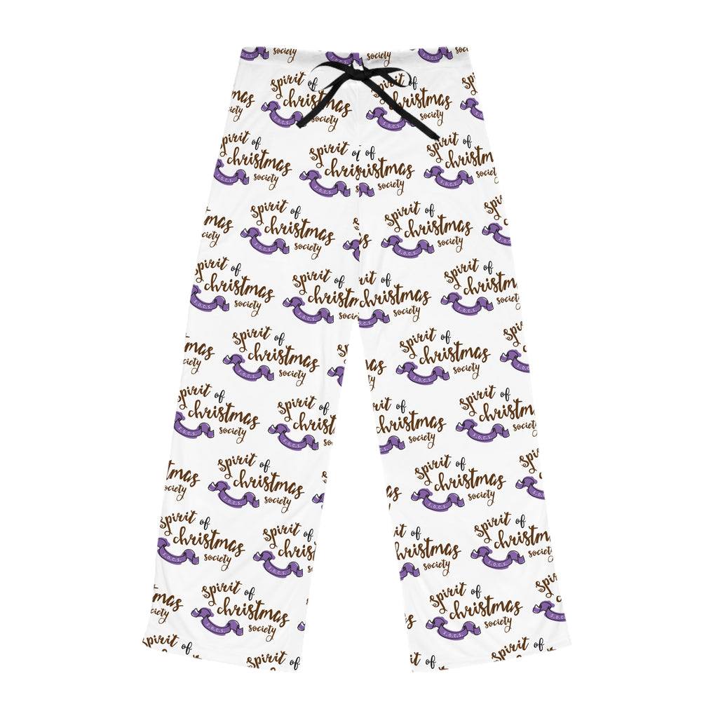 Women's Christmas Spirit Pajama Pants — Festive Script & Purple Ornament Print