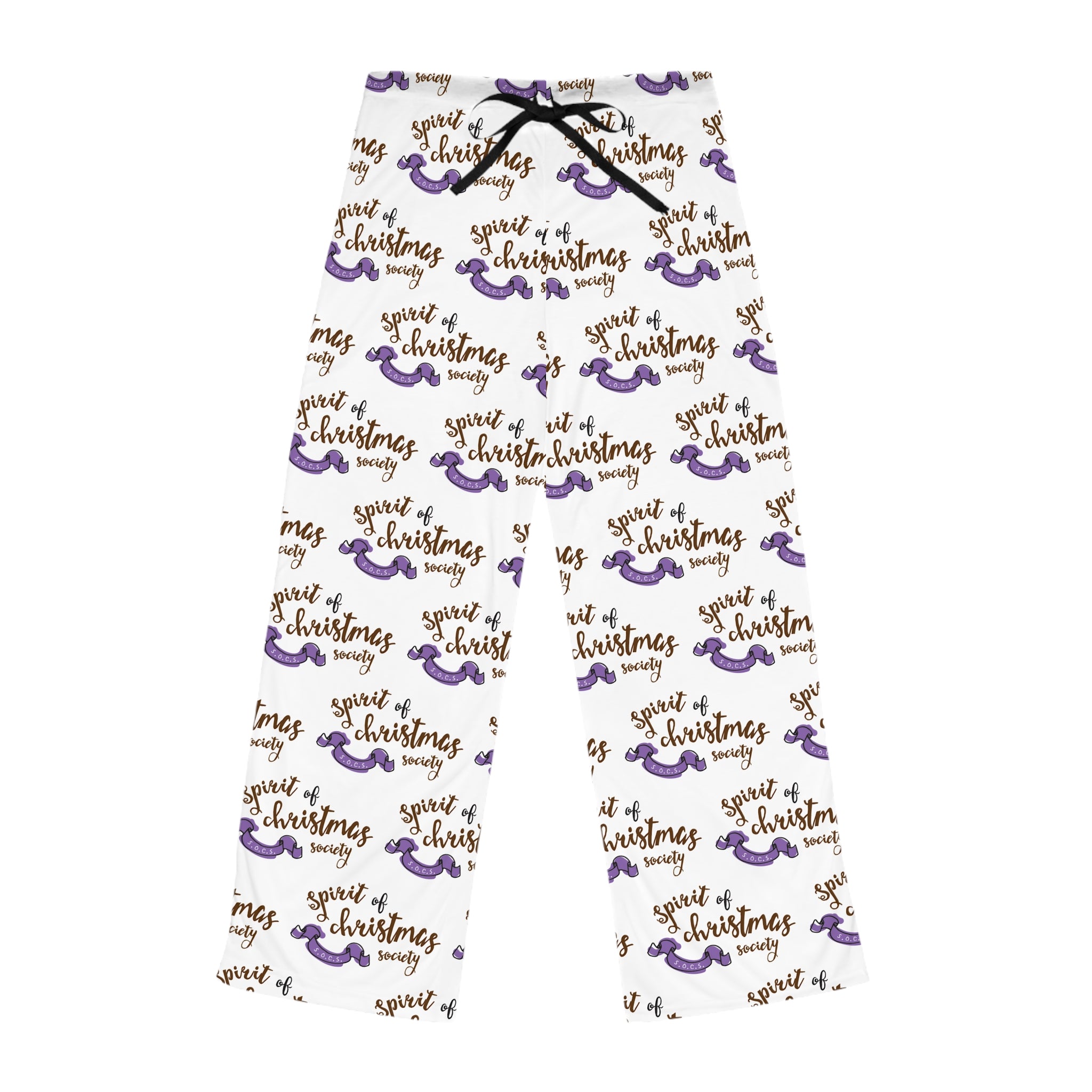 Women's Christmas Spirit Pajama Pants — Festive Script & Purple Ornament Print