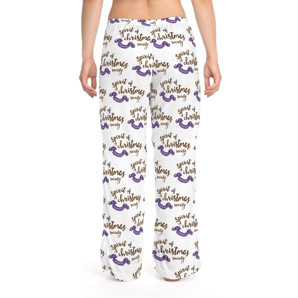 Women's Christmas Spirit Pajama Pants — Festive Script & Purple Ornament Print